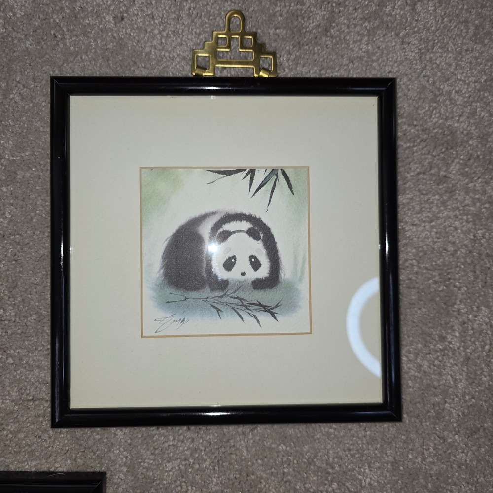 Vintage Set of 3 Framed Panda Prints Chinoiserie Brass Pagoda Hanger 8x8 zoocore - Picture 10 of 16